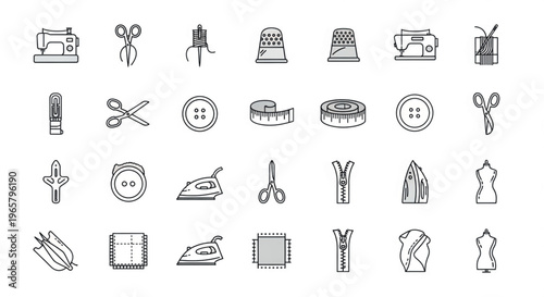Set of 35 Sewing and Tailoring Outline Icons Vector