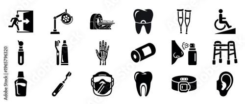 Mixed medical icons showing mobility aids and dental tools on grid