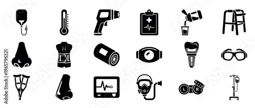 Medical equipment and aid icons arranged on white background