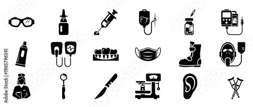 Medical and healthcare icons illustrating devices and supplies
