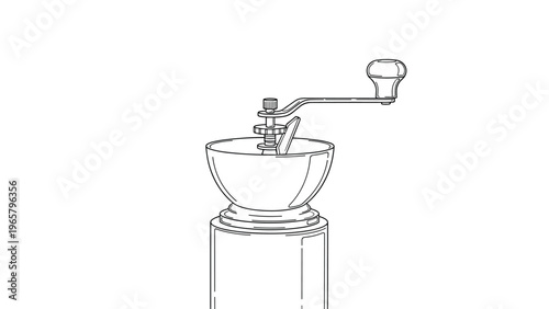 Elegant black and white line art illustration of a manual coffee bean grinder with a crank handle on a white background.