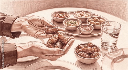 Hands holding dates at a table.