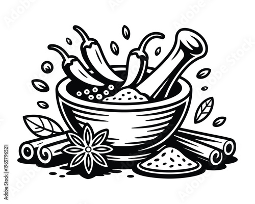 Mortar and pestle with chili peppers and whole spices for grinding herbs and seasonings