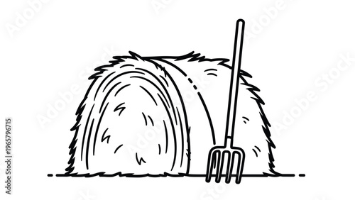 Simple black and white line art illustration of a round hay bale and a pitchfork representing farm life and agriculture.