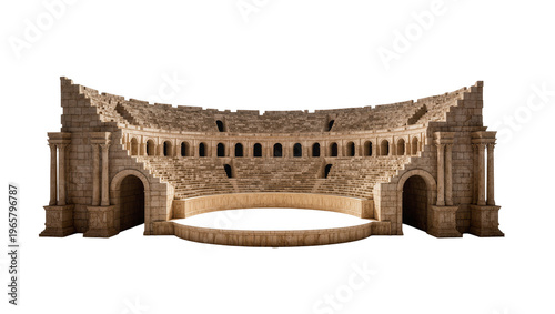 Schilderij op canvas Ancient Roman stone amphitheater with tiered seating and arched entrances, isola