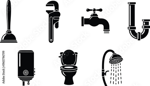 Plumbing editable icon set black silhouette icons for pipes faucets tools bathroom fixtures
