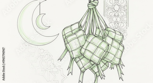 Traditional woven green hanging basket.