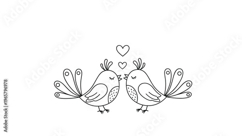 Adorable line art of two birds with eyes closed in a peaceful pose with two hearts above them expressing deep love and affection.