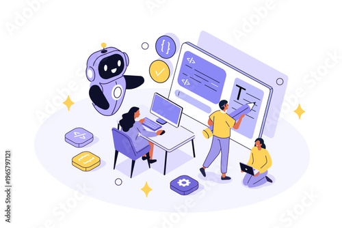 Back end development team using ai agent for writing code, programming. Artificial intelligence assisted business. Vector isometric illustration.