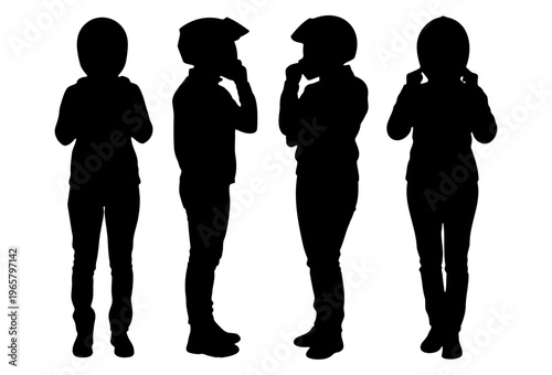 Set of four silhouettes of a person putting on a helmet