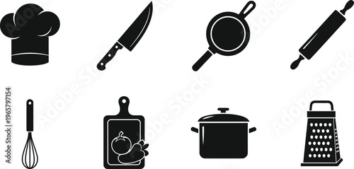 Professional editable icon set culinary tools chef hat knife pan and kitchen utensils