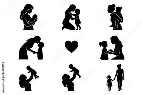 Collection of mother and child silhouettes showing maternal love and care