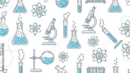 Seamless pattern featuring science equipment like microscopes, flasks, test tubes, and atoms in a clean blue and white style.