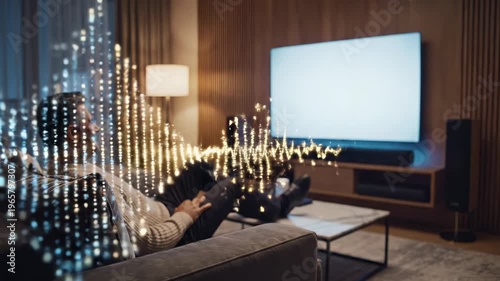 Man relaxing on couch listening to music with audio visualizer overlay in modern living room entertainment system experience