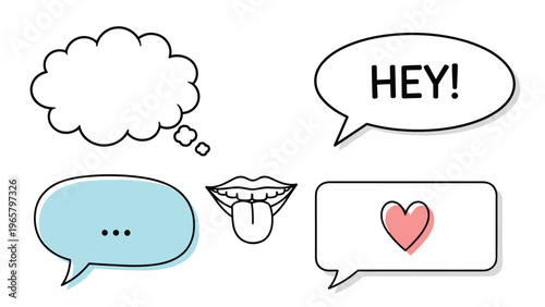 Collection of various speech bubbles and comic elements including a thought bubble, a heart, and a mouth with a tongue.