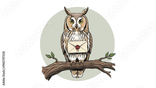 Majestic owl perched on a tree branch holding a letter with a red wax seal in its beak against a soft green circle.
