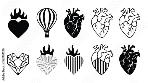 A collection of heart and flame designs with various patterns and styles are shown.