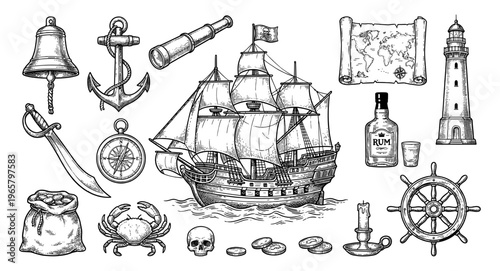 Pirate ship and nautical element in vintage engraving style