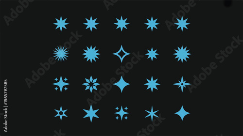 Abstract geometric shapes form patterns on dark background with blue starburst designs