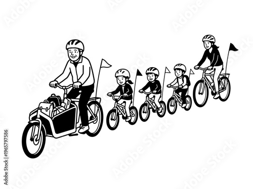 School bike bus commute with cargo bicycle group