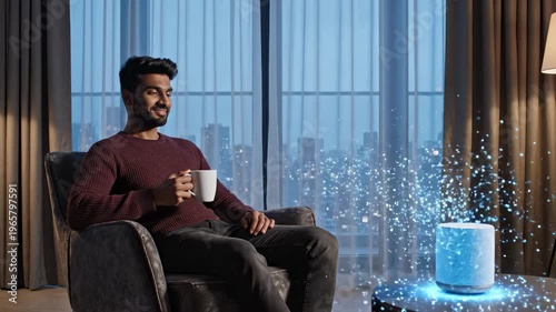 Man relaxing with coffee and voice assistant in modern apartment overlooking city at night with digital particles displayed