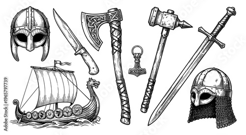 Viking engraving set with drakkar ship helmet axe sword mjolnir hammer