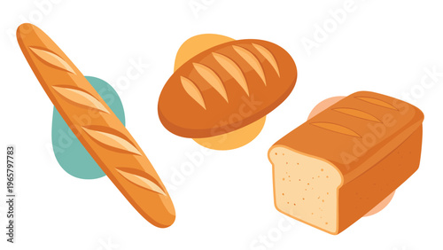 Three types of fresh bread including a baguette, round loaf, and sandwich bread against colorful abstract shapes.