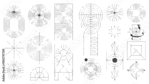 Geometric shapes and illustrations are arranged in a collection of black and white designs