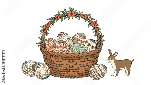 Festive Easter basket made of woven wood filled with patterned eggs alongside a cute small brown rabbit pet in a white scene.