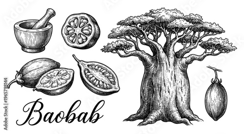 Baobab tree fruit and seed engraving set with mortar and pestle