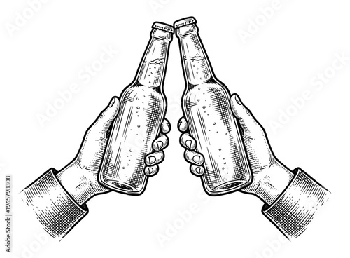 Vintage beer bottle clinking engraving with hand and suit sleeve