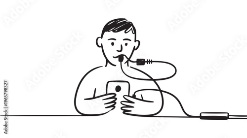 Smartphone Addiction Concept Illustration of Young Man Holding Charging Cable in Mouth