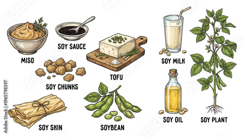 Vintage soy food color engraving set with tofu soy sauce and milk