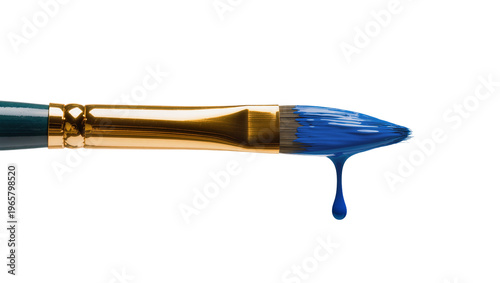 Canvas Print Golden-ferruled paintbrush green handle blue paint dripping, isolated on transpa