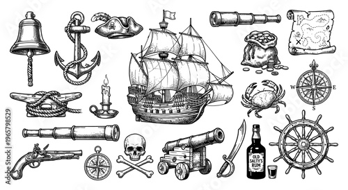 Pirate engraving set with ship cannon treasure map skull and sword