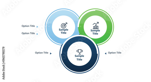 Three overlapping circular rings infographic with sample text and icons in blue and green shades for professional business comparison and choice