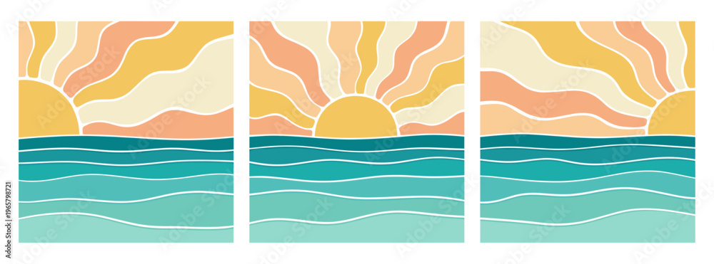 Obraz premium Retro sunset over ocean wave set with groovy sunburst