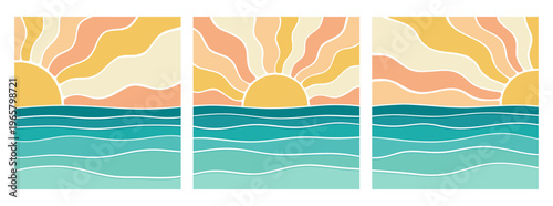 Retro sunset over ocean wave set with groovy sunburst