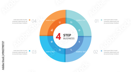 Circular business infographic with four colorful steps and central text for management planning data visualization and professional presentation on white background