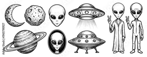 Alien UFO sketch set with planet moon saturn and flying saucer
