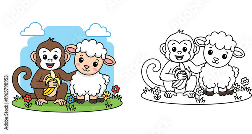 Cute cartoon monkey holding a banana and happy sheep sitting together on green grass vector illustration