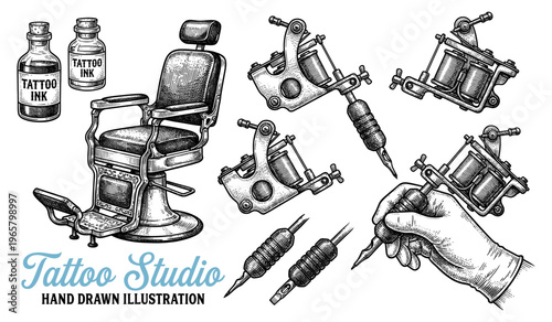 Tattoo studio vintage engraving set with chair and machine