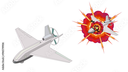An illustration showing a drone flying and another drone being destroyed in a fiery explosion