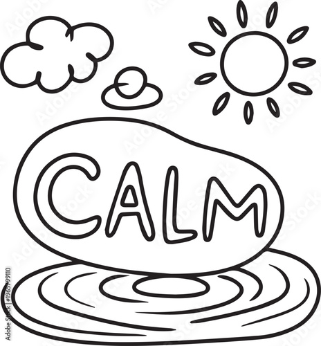 Calm word on stone with water ripples sun and clouds outline black and white hand drawn sketch doodle isolated on transparent background
