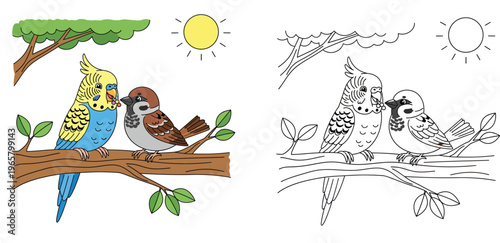 Cute cartoon budgerigar parrot and sparrow bird sitting on a tree branch vector illustration
