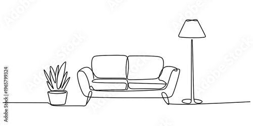 Minimalist continuous line drawing of a comfortable living room sofa with a lamp and house plant Vector, illustration