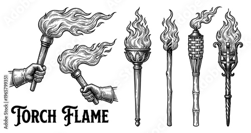 Vintage torch flame engraving set with hand in glove fire and light