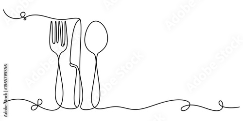 Minimalist continuous line drawing of a dinner fork, a table knife and a spoon for restaurant art Vector, illustration