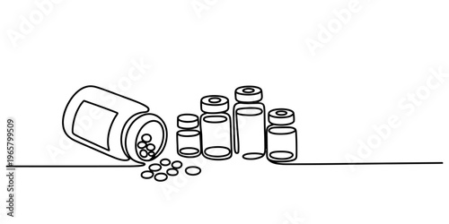 A single line drawing illustration of a pill bottle with scattered pills and small glass vials Vector, illustration