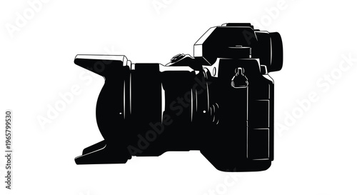 A detailed black silhouette of a professional digital slr camera